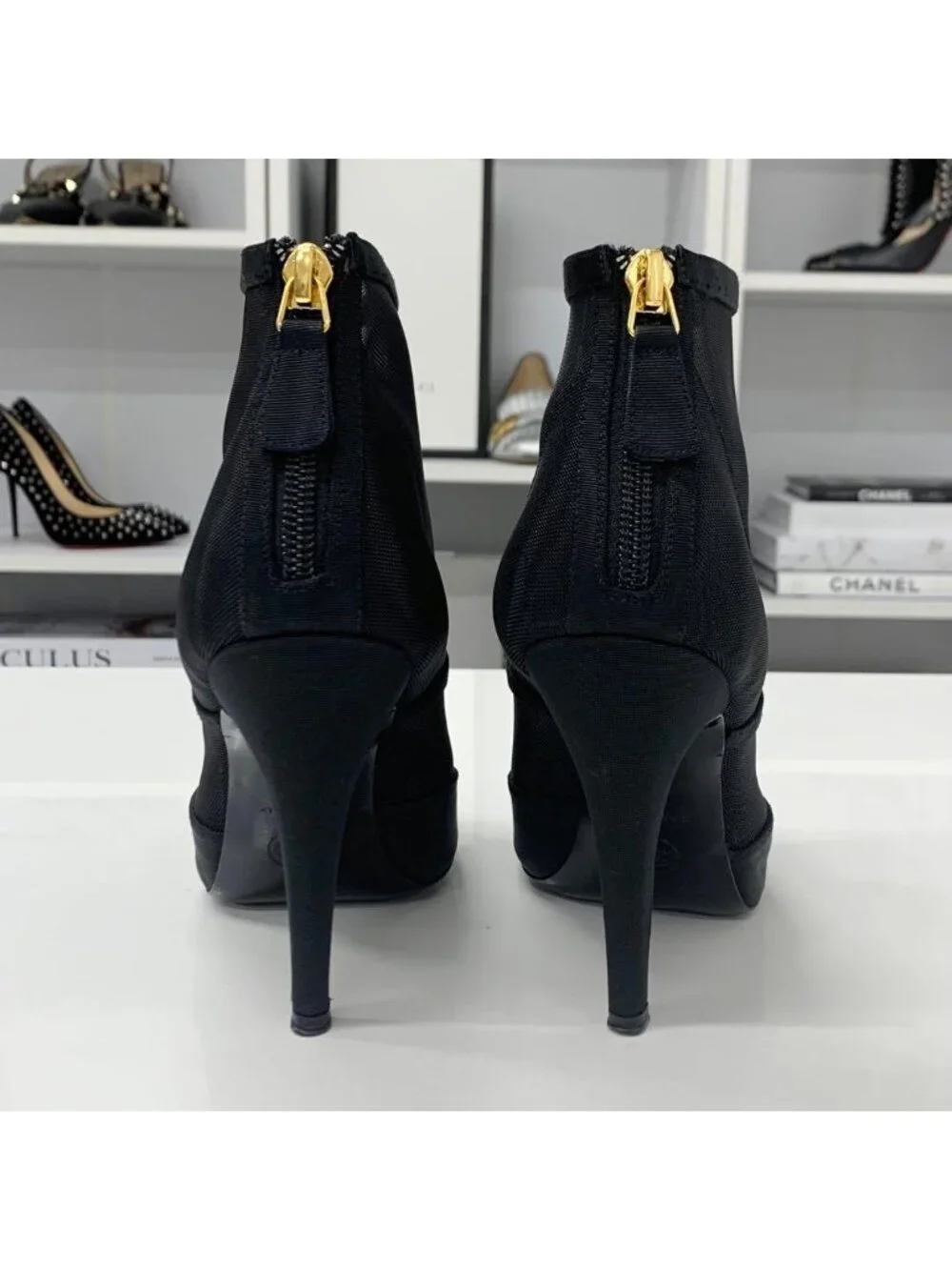 Chanel Mesh Fabric Coco Mark Short Boots Black